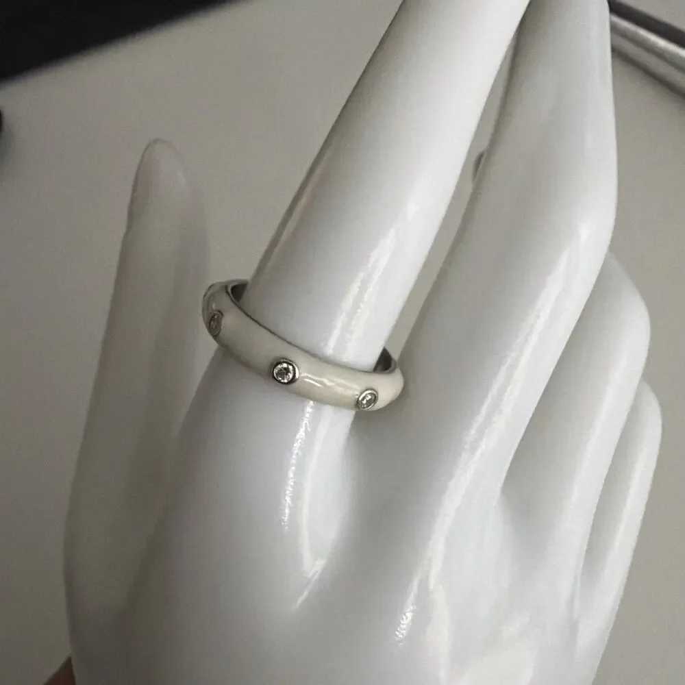 Vintage Sterling Sign 925 Vietnam Hopeful Inlay White Enamel and CZ Band Ring 10